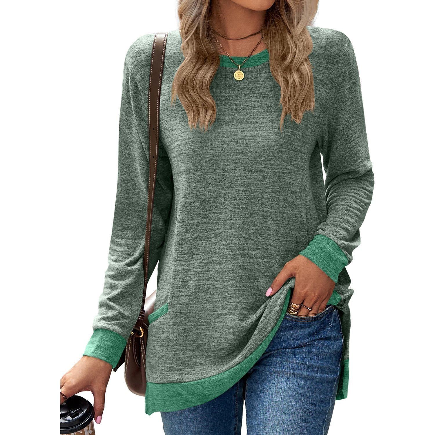 Round Neck Multicolor Pocket Long Sleeve Pullover Top Loose-fitting Casual T-shirt
