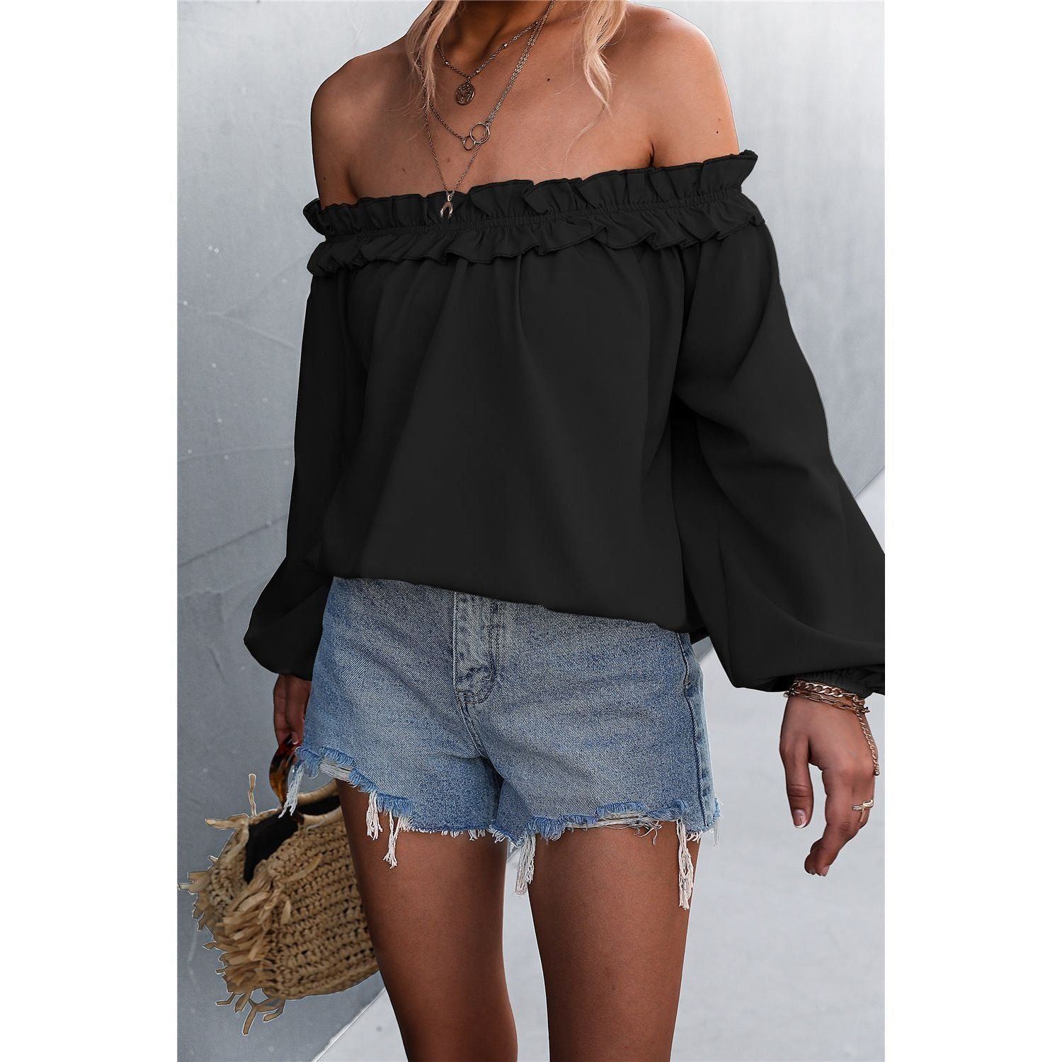 Solid Color Sexy Off-the-shoulder Lantern Sleeve T-shirt Top For Women - Jointcorp
