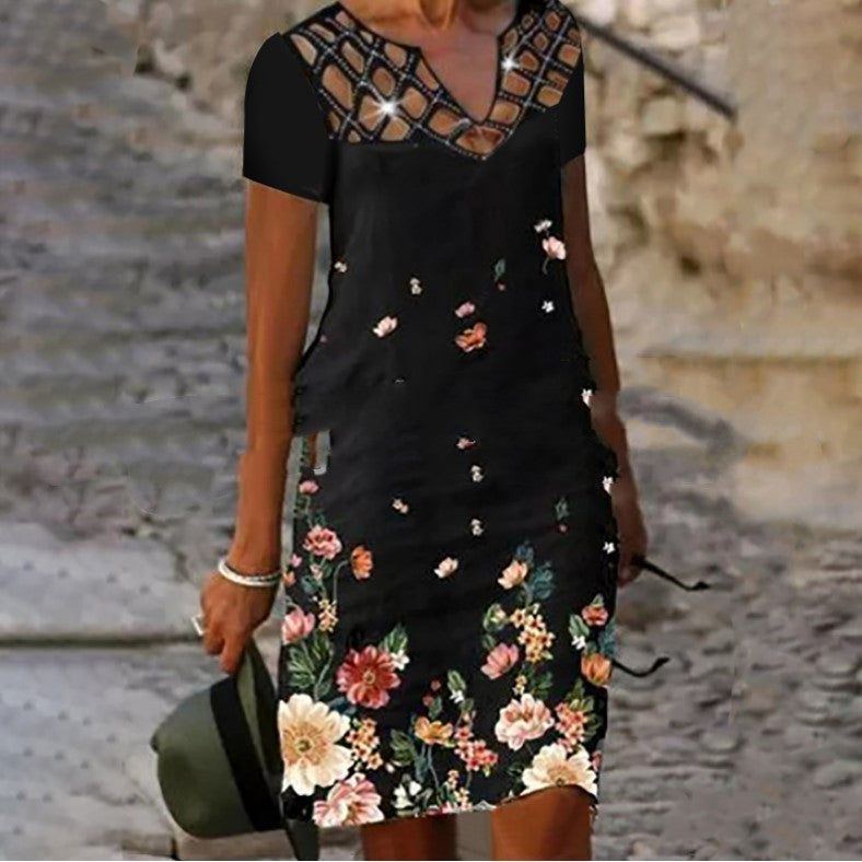 Fashion V-neck Printed Hollow Hot Bead Linen Dress - Jointcorp