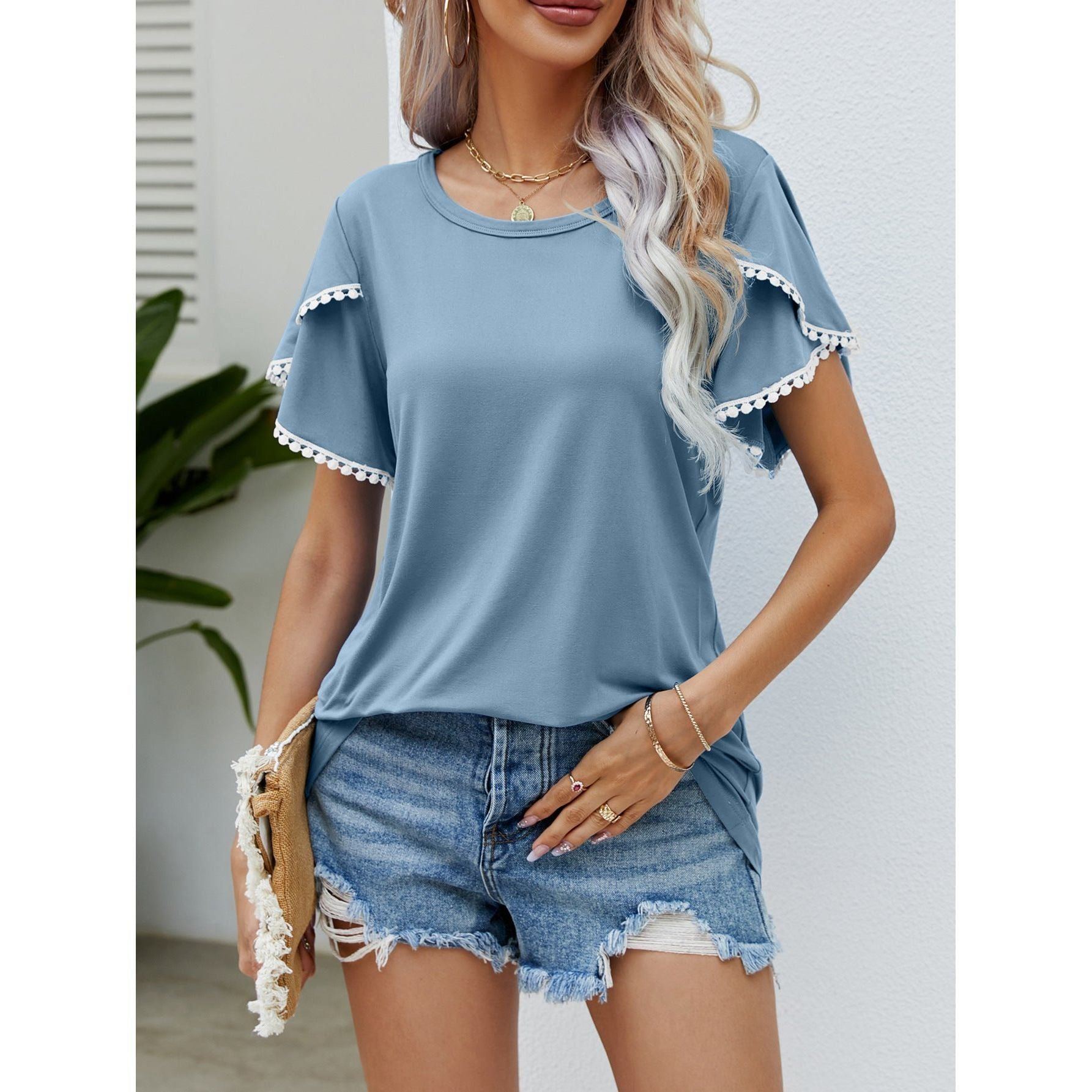 Round Neck Tassel Tulip Sleeve T-shirt Casual Top For Women
