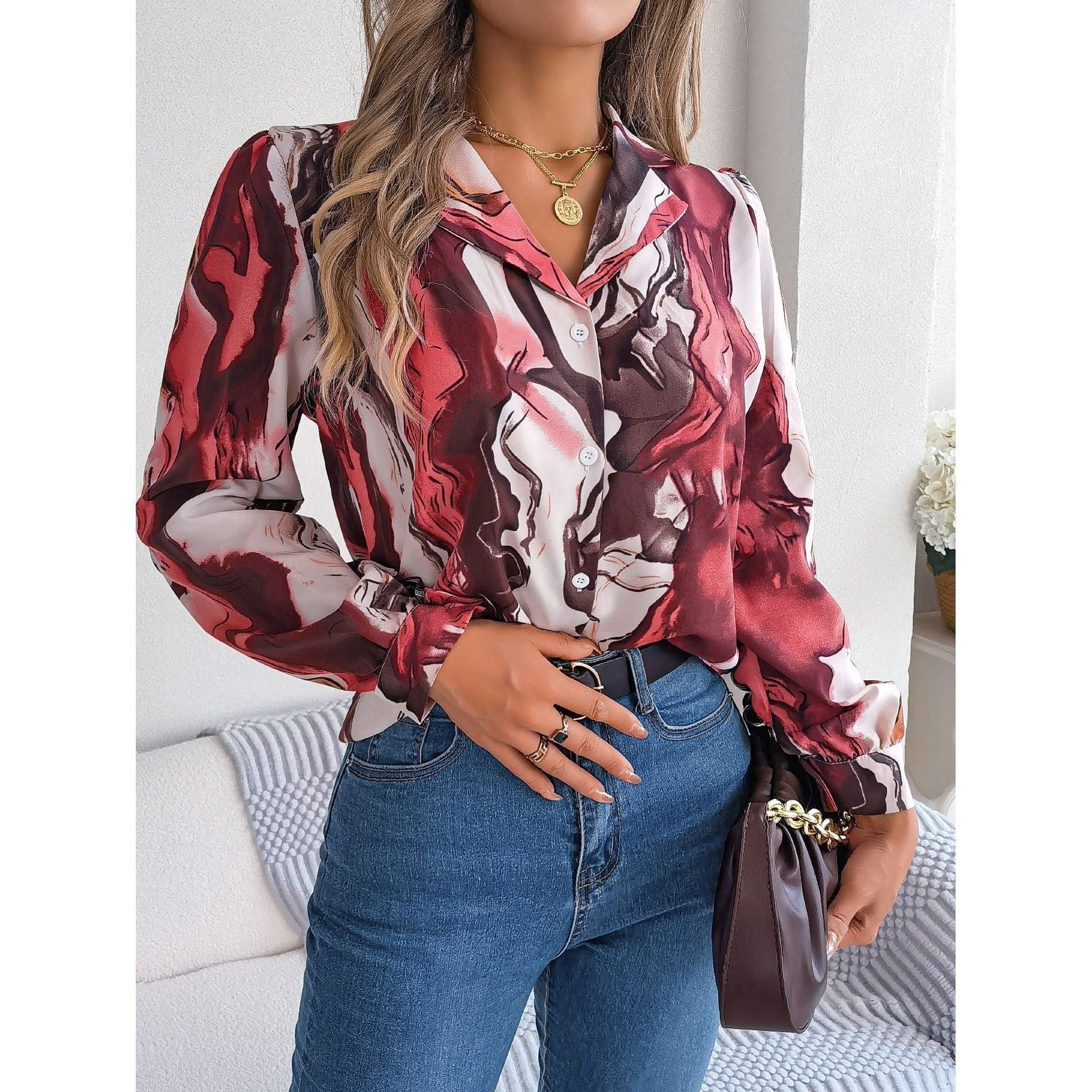 Casual Contrast Color Striped Shirt Suit Collar Long Sleeve Shirt