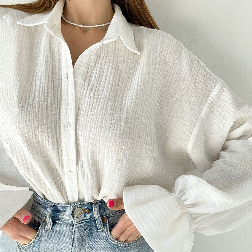Flared Sleeves Long Sleeves Shirt Pure Cotton Leisure Commute Niche White