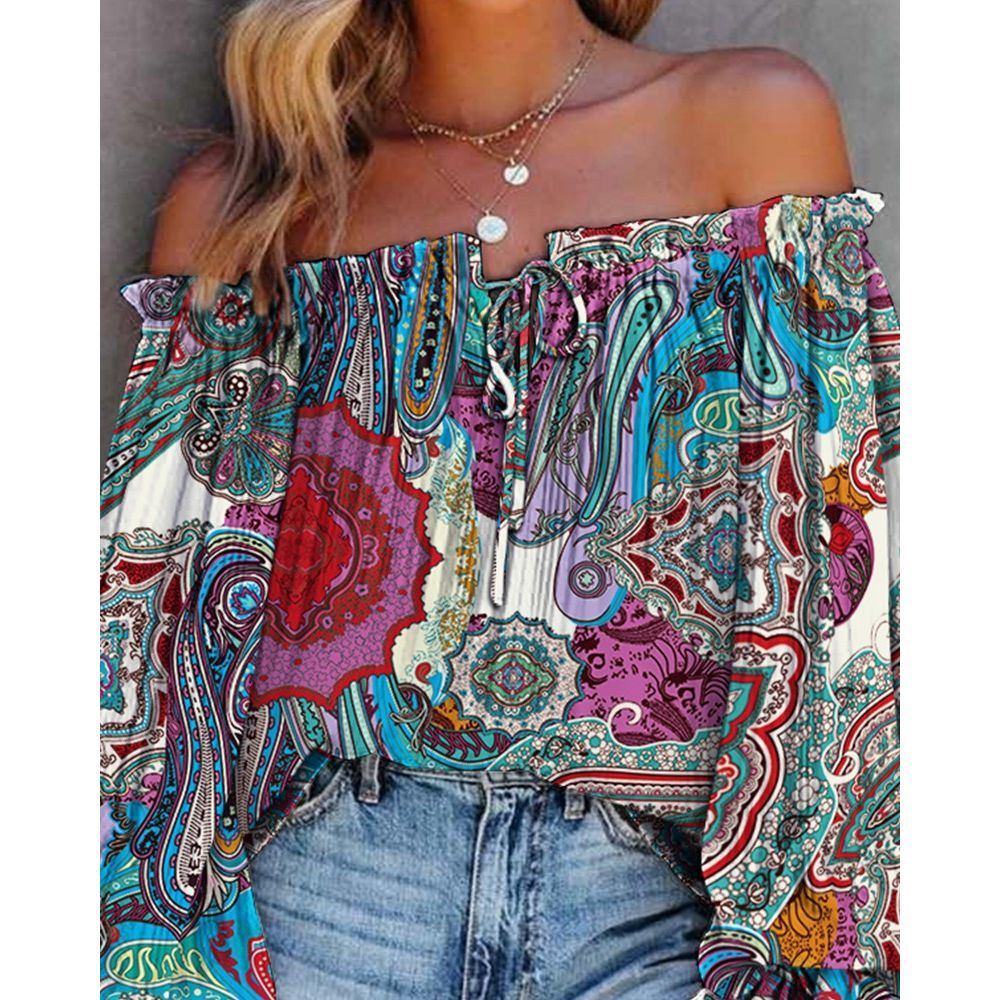Women's Printed Ruffle Collar Off-the-shoulder Shirt