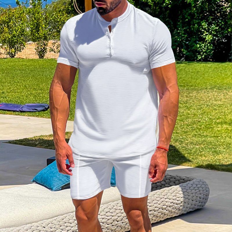 Men's Casual Athletic Solid Color Henley Two-Piece Suit - Jointcorp