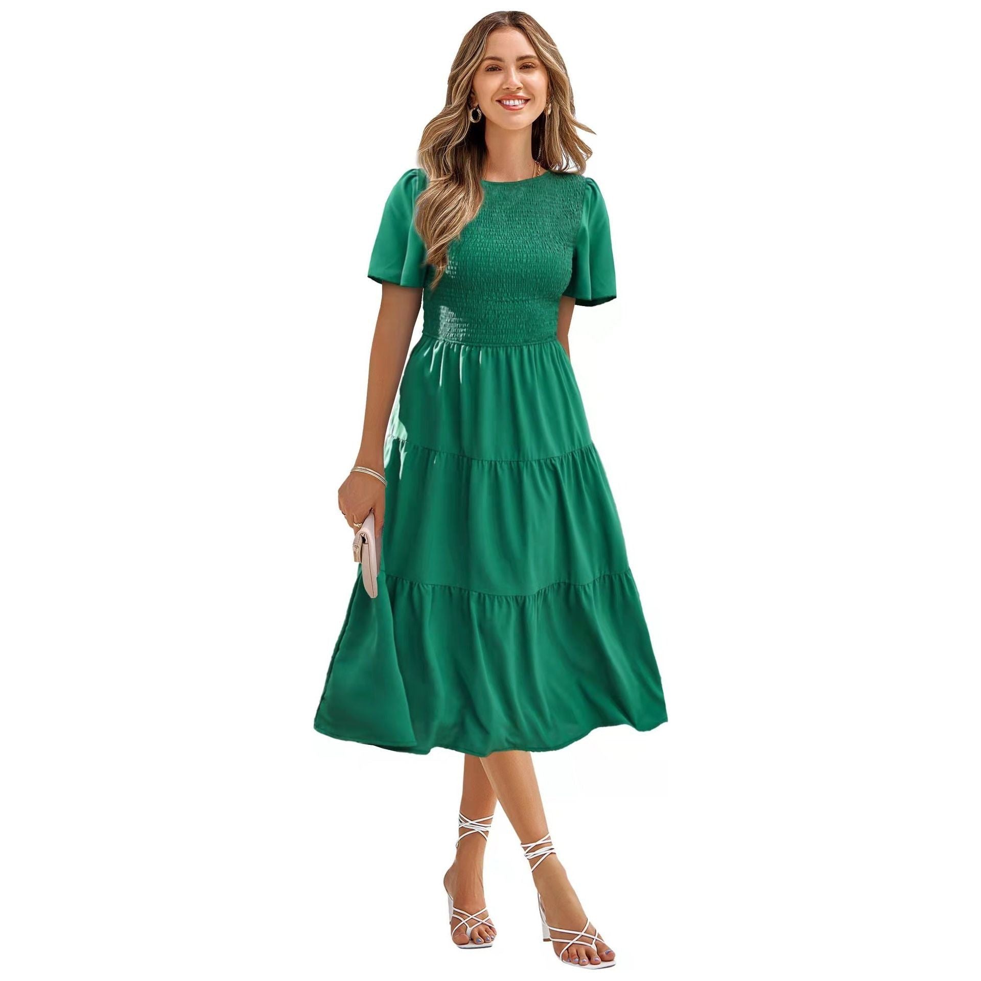 Women's Round Neck Smocked Short Sleeve Casual Dress Swing Flowy Ruffle Hem Mini Beach Summer Dresses - Jointcorp