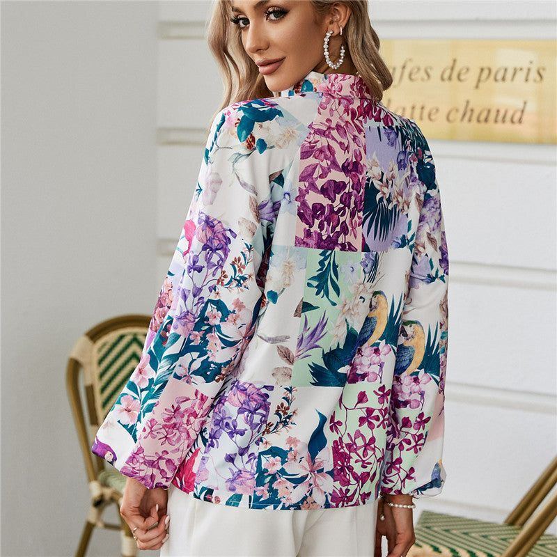Women's Printed Balloon Sleeve Shirt Stand Collar Long Sleeves