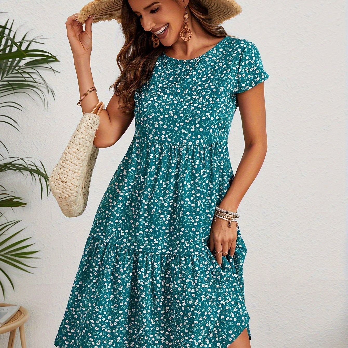 Floral Print Crew Neck Dress, Vintage Short Sleeve Dress For Spring & Summer, Women's Clothing