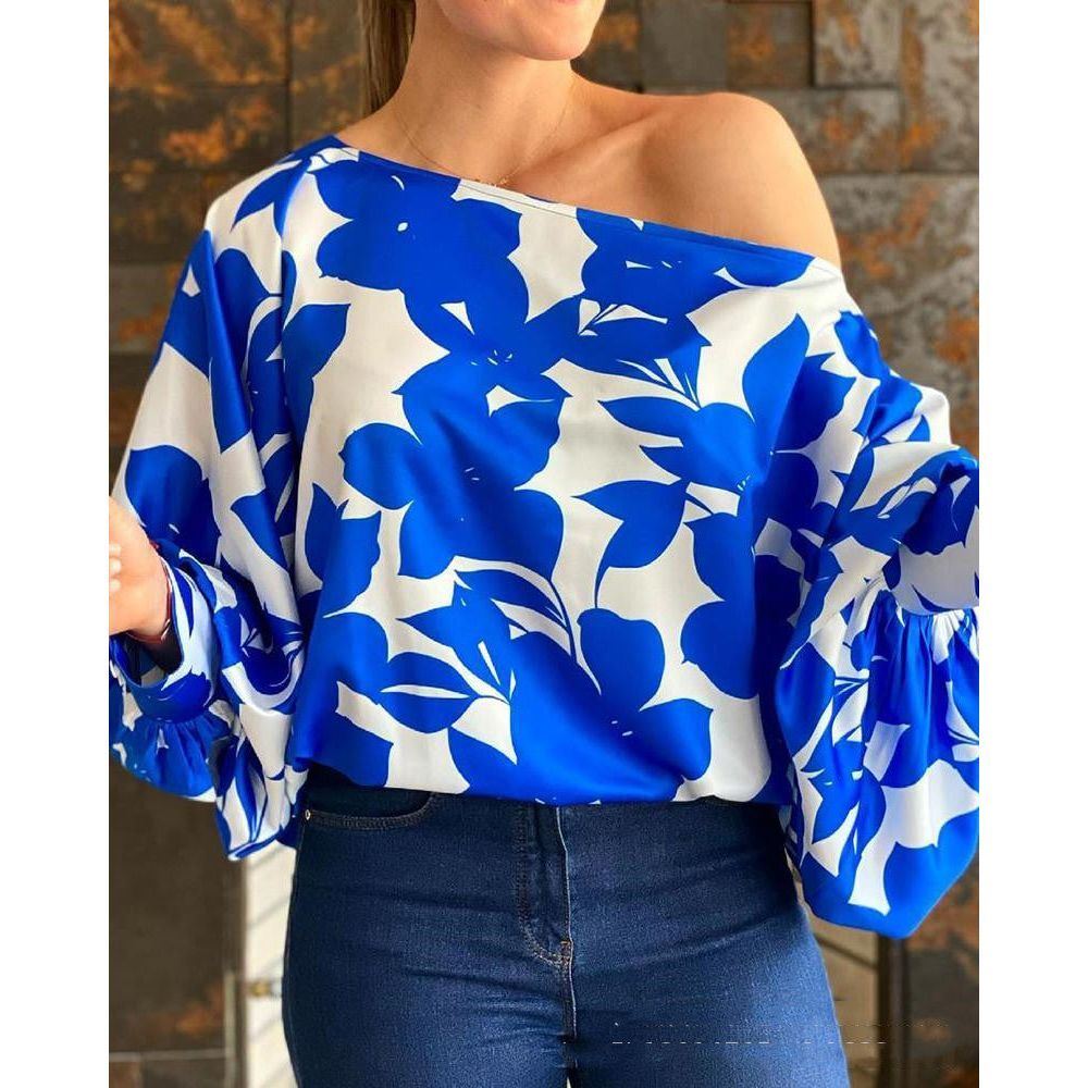 Women's Blue Off-shoulder Loose Print Top
