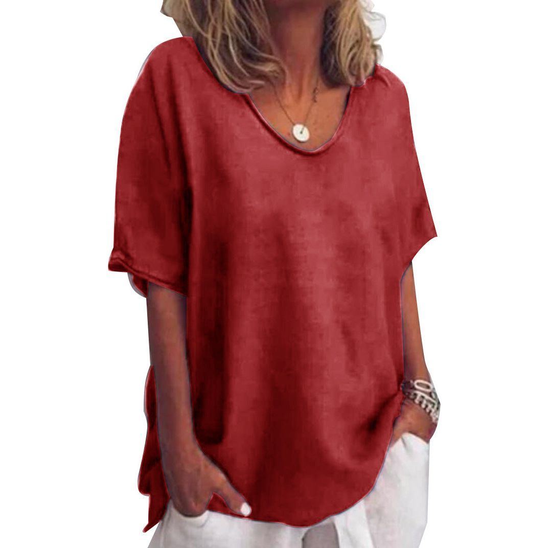 Cotton And Linen Solid Color Short-sleeved T-shirt Women's Casual Coat