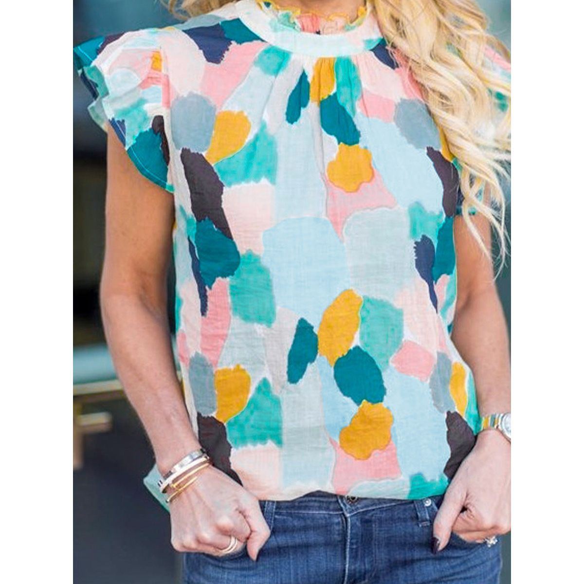 Color Block Contrast Color Short Sleeve T-shirt Female Outerwear Top