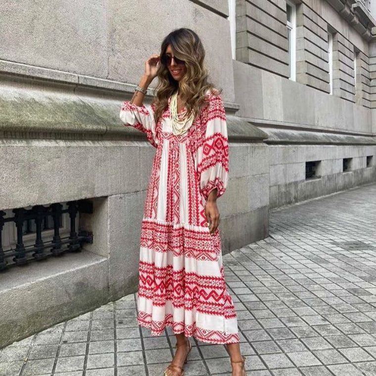 Summer Women's Vintage Printed Bohemian Dress Elegant Ladies Casual Loose V-Neck Short Sleeve Long Dresses - Jointcorp