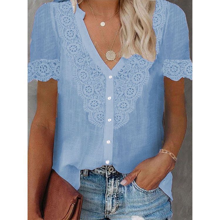 Summer New Women's Lace Stitching Tencel Short Sleeve Shirt