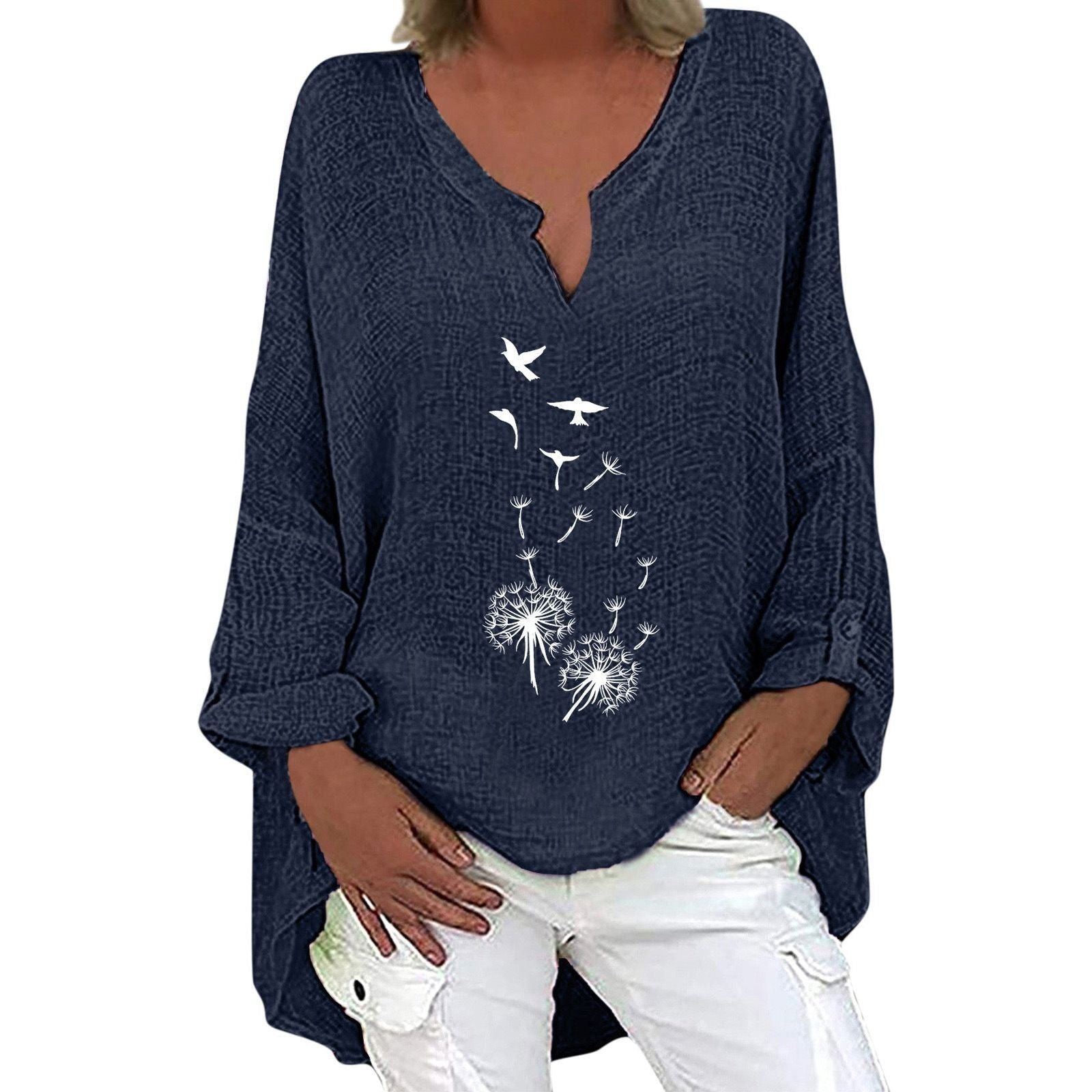 Top Dandelion Print V-Neck Cotton Linen - Jointcorp