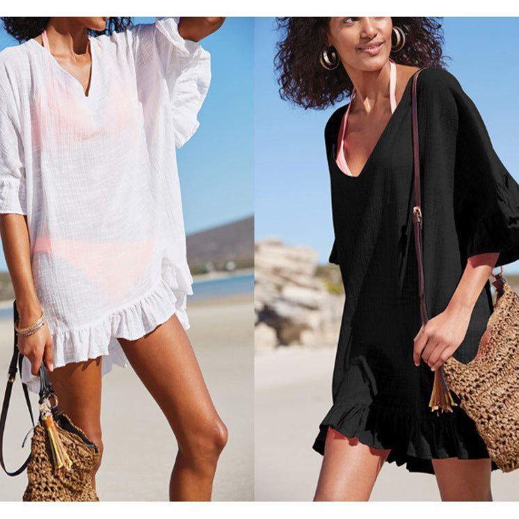 Solid Color Sun Protection Shirt Ruffled V-neck Bikini Loose Blouse