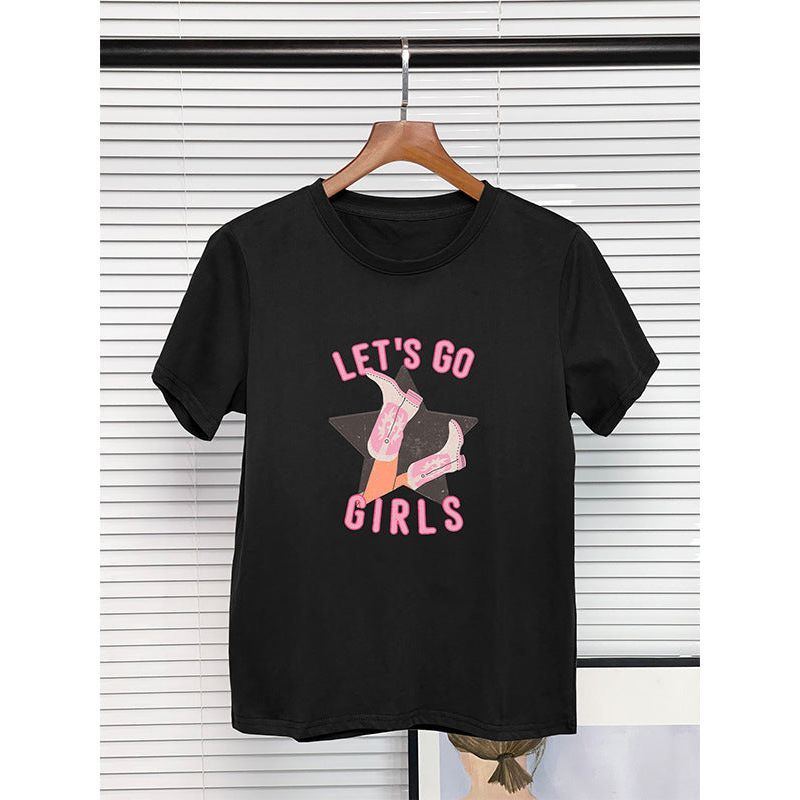 European And American Round Neck T-shirt 100 Cotton Denim Girl Boots Printing