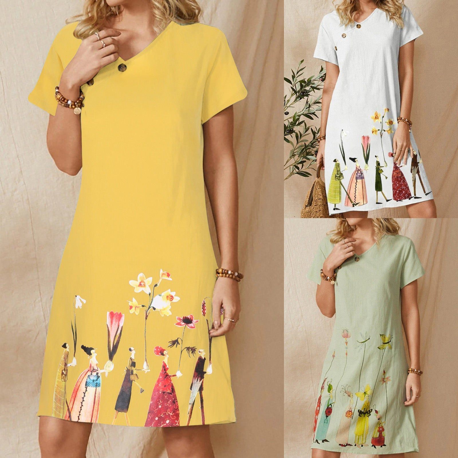 Digital Flower Print Button V-Neck Short Sleeve Dress - Jointcorp