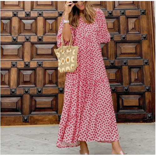 Summer Women's Vintage Printed Bohemian Dress Elegant Ladies Casual Loose V-Neck Short Sleeve Long Dresses - Jointcorp