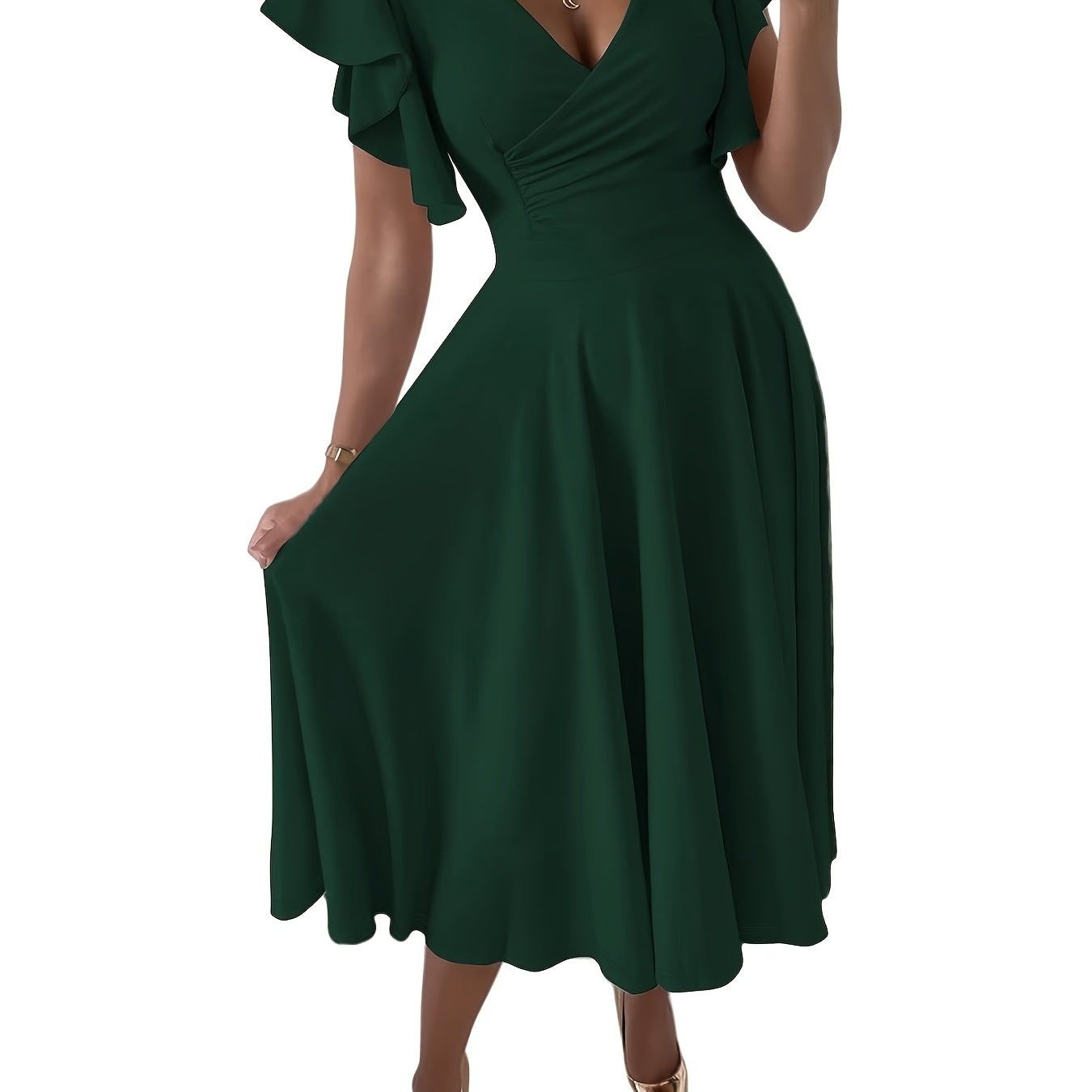 Solid Color Flutter Sleeve Dress, Elegant Surplice Neck A-line Dress, Women's Clothing