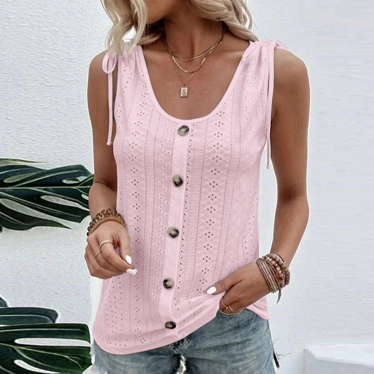 Casual Solid Color U-neck Vest Women Shoulder With Bow Tie Tops Summer T-shirt - Jointcorp