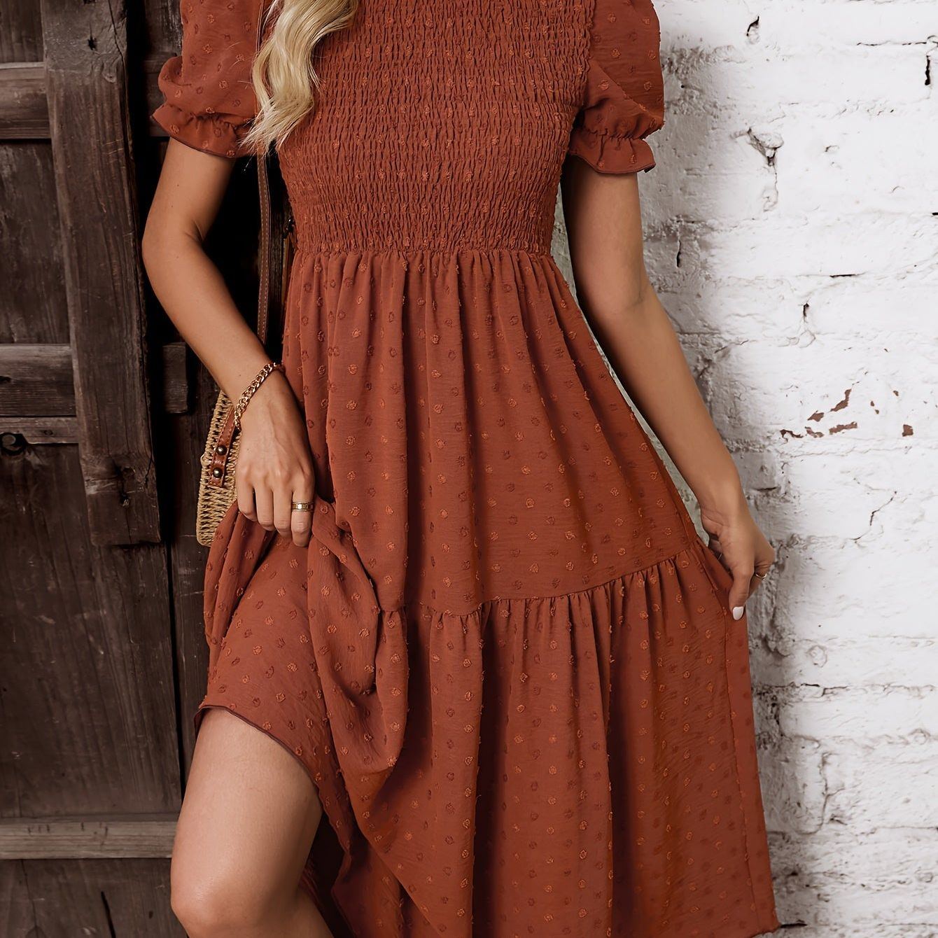 Shirred Ruffle Hem Dress, Elegant Short Sleeve Dress For Spring & Summer, Women's Clothing Wedding graduation engagement occasion ceremony party holiday vacation birthday