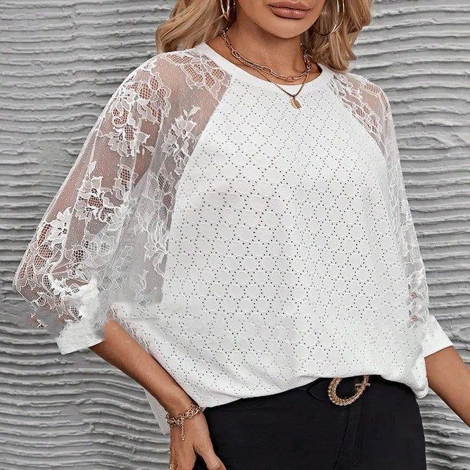 Fashion Lace Casual Women's Patchwork Round Neck Top - Jointcorp