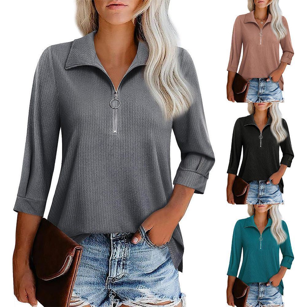 Three-quarter Sleeve Zipper Ladies' V-neck T-shirt Top