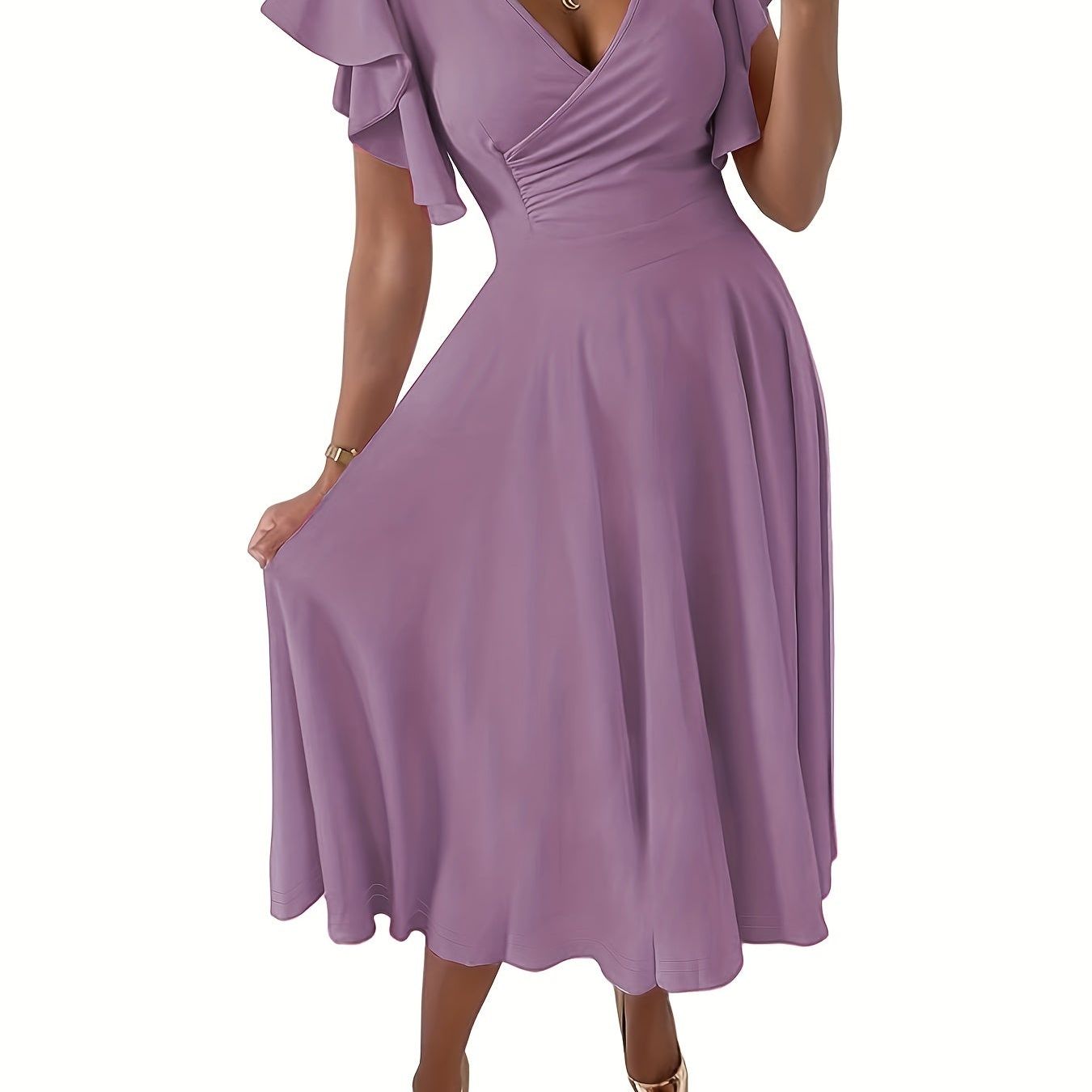Solid Color Flutter Sleeve Dress, Elegant Surplice Neck A-line Dress, Women's Clothing