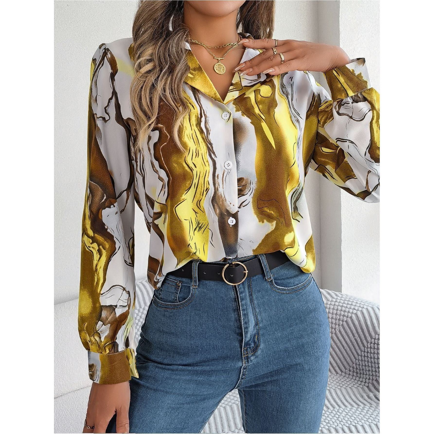 Casual Contrast Color Striped Shirt Suit Collar Long Sleeve Shirt
