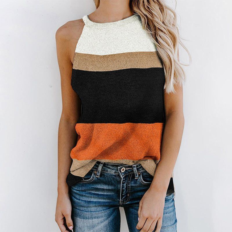 Women's Knitted Outer Vest Waist Trimming Casual Contrast Color Sleeveless - Jointcorp