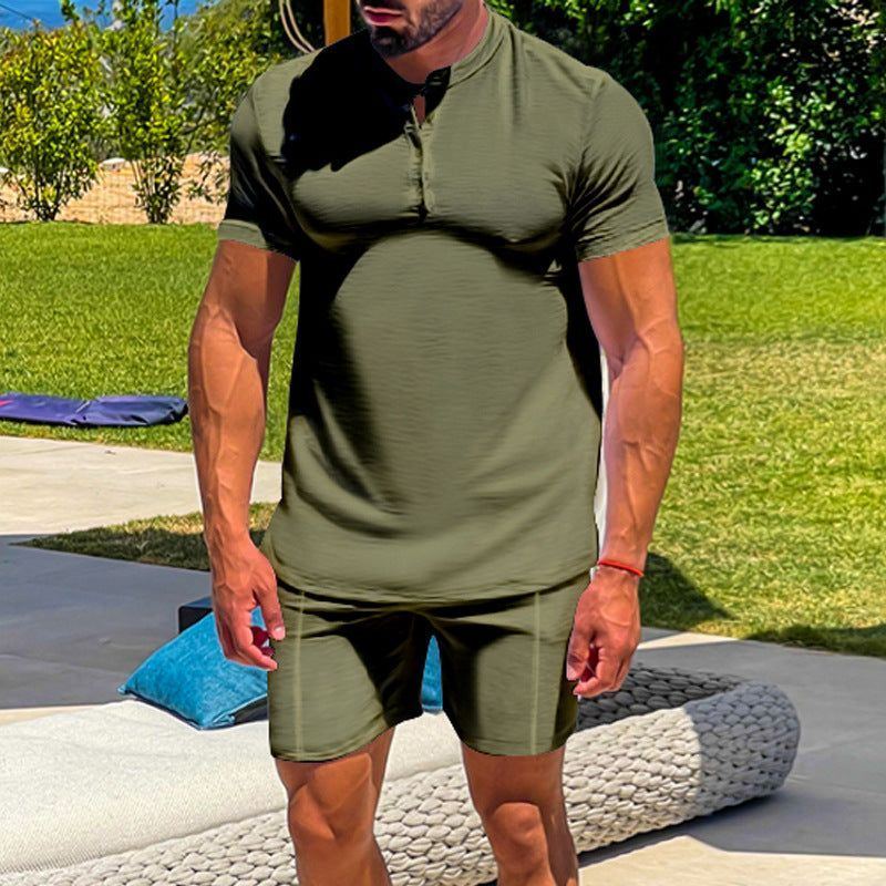 Men's Casual Athletic Solid Color Henley Two-Piece Suit - Jointcorp