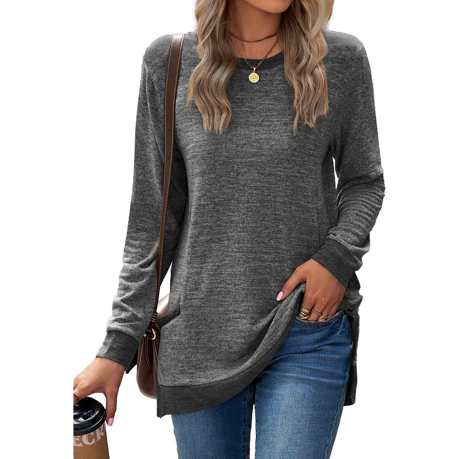 Round Neck Multicolor Pocket Long Sleeve Pullover Top Loose-fitting Casual T-shirt