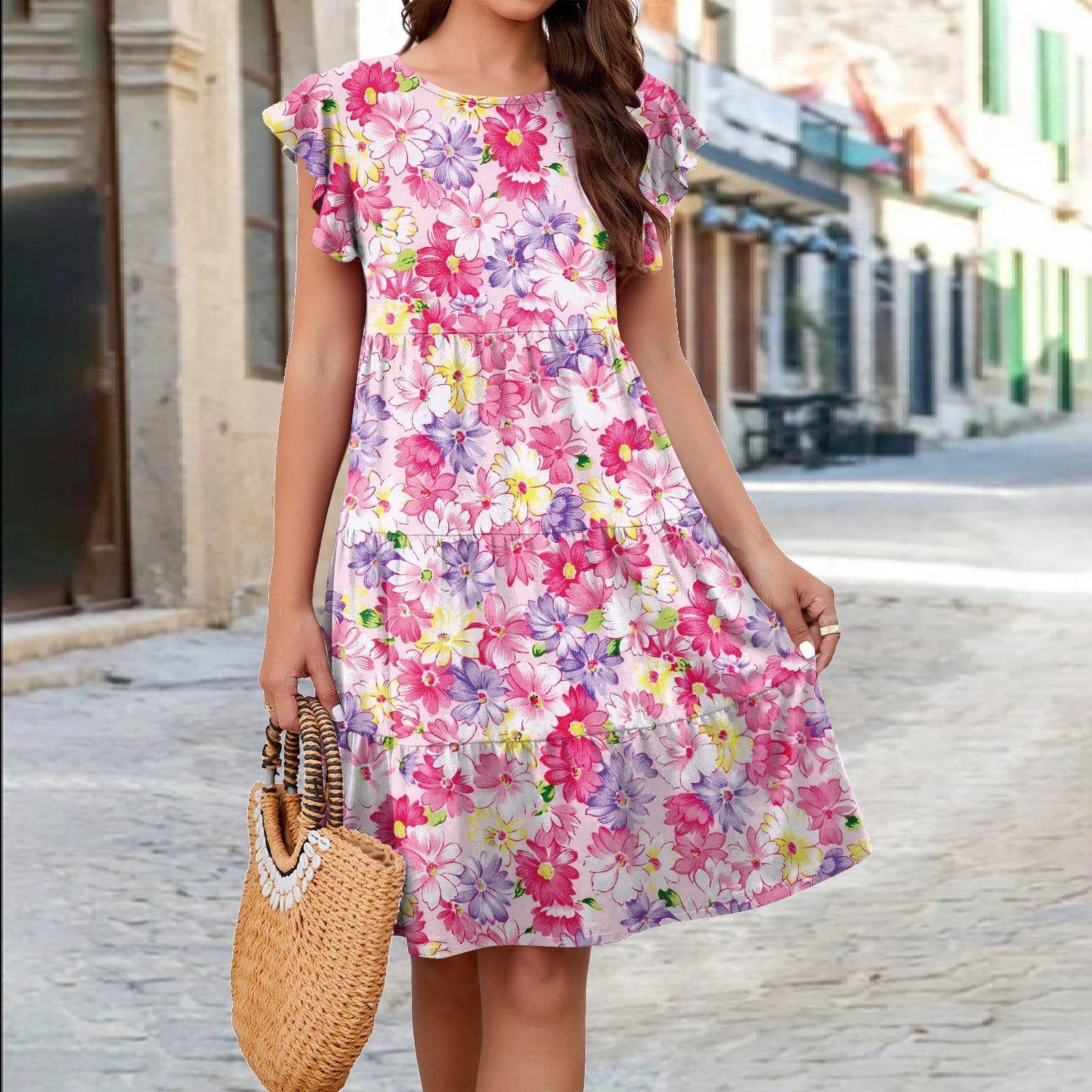 Ruffle Sleeve Dress Summer Loose Flower Print Beach Dresses Sweet Skirt Women - Jointcorp