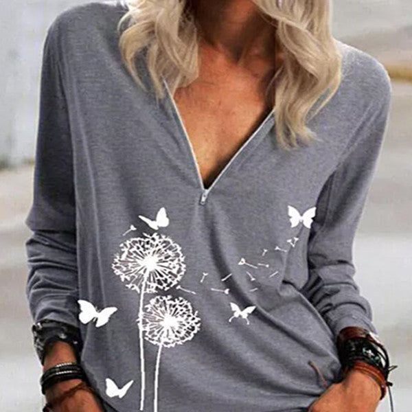 Dandelion Printed Zip Top Casual Long Sleeve T-shirt - Jointcorp