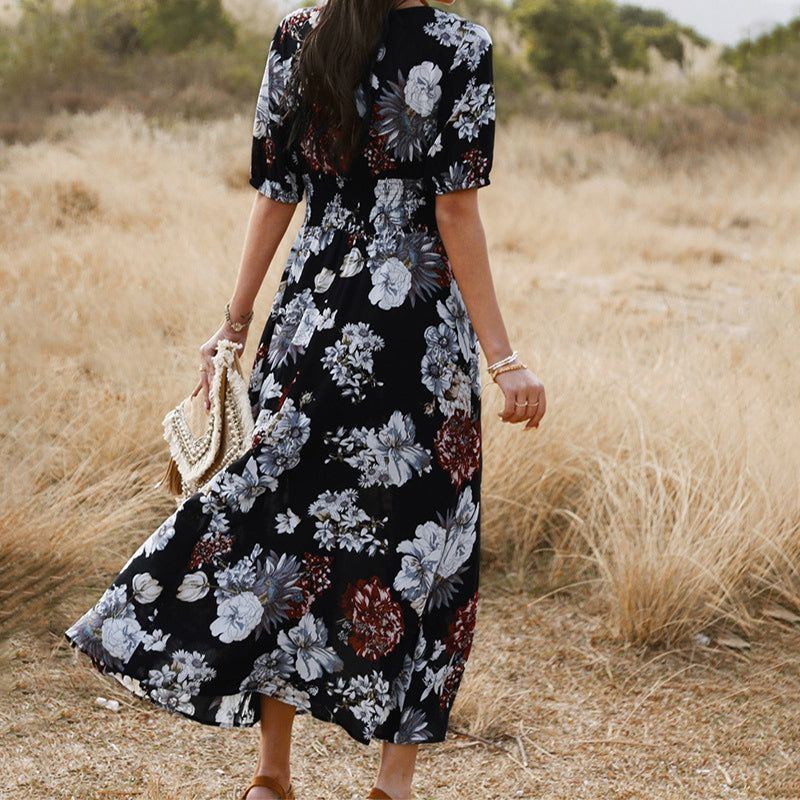 Floral Summer Beach Dress With V Neck Elastic Waist Dresses For Women - Jointcorp
