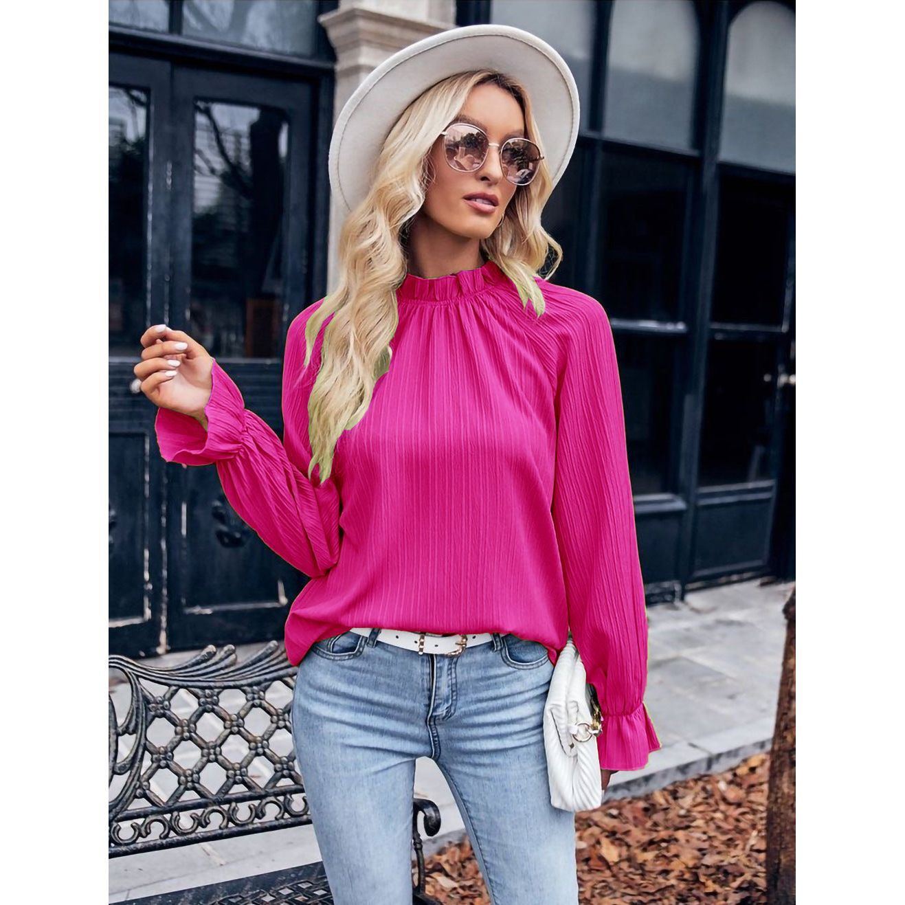 Autumn Women's Ruffled Collar Long Sleeve Jacquard Loose-fitting Top