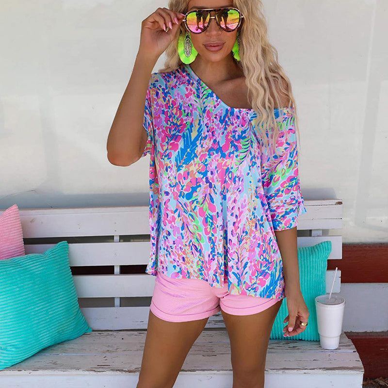 New Floral Painted T-shirt V-neck Short Sleeve Top
