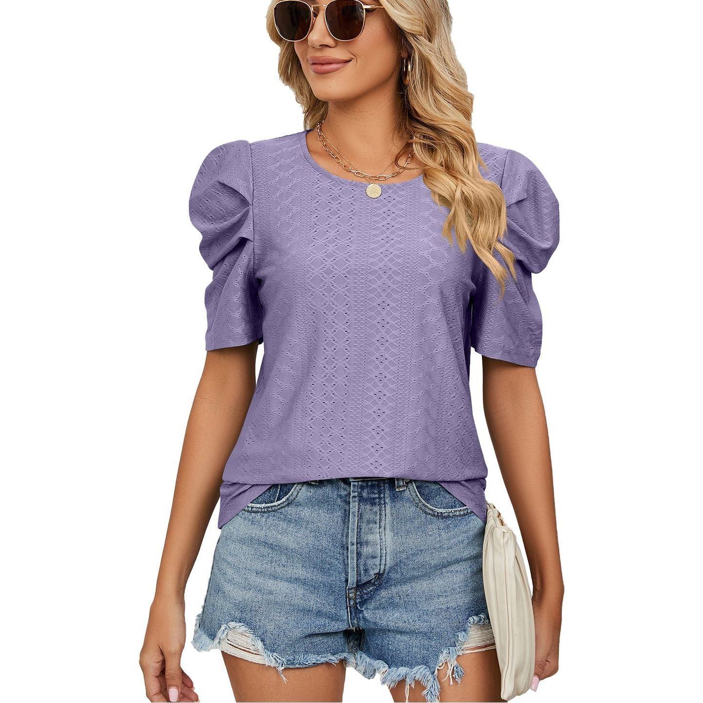 New Solid Color Round Neck Pleated Oversleeves Loose-fitting T-shirt Top Women - Jointcorp