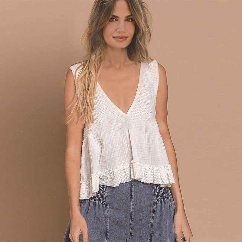 Deep V-neck Sleeveless Top Loose Casual Women's Ruffled Stitching Vest