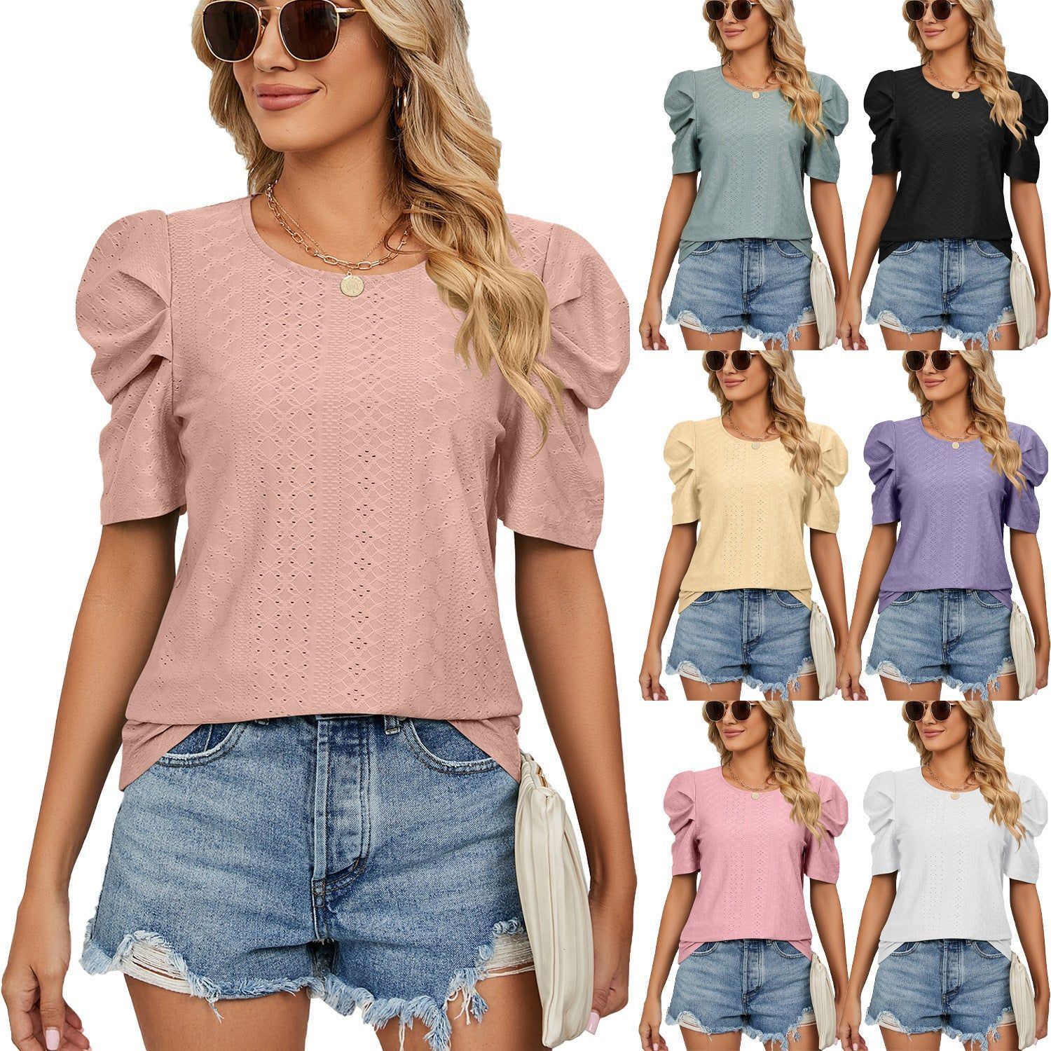New Solid Color Round Neck Pleated Oversleeves Loose-fitting T-shirt Top Women - Jointcorp