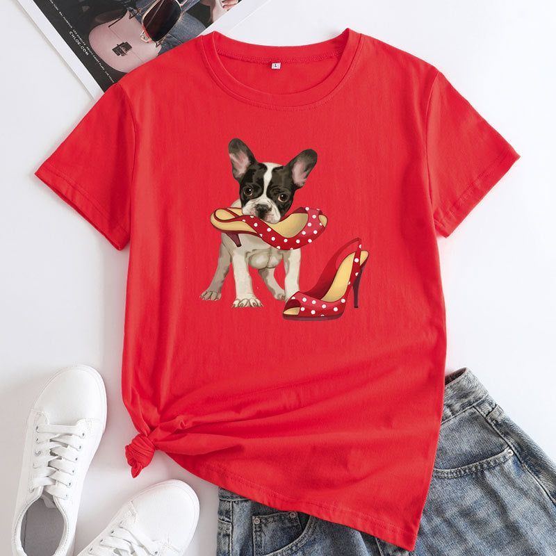 Loose And Cute Dog Print Pure Cotton Round Neck Short Sleeves