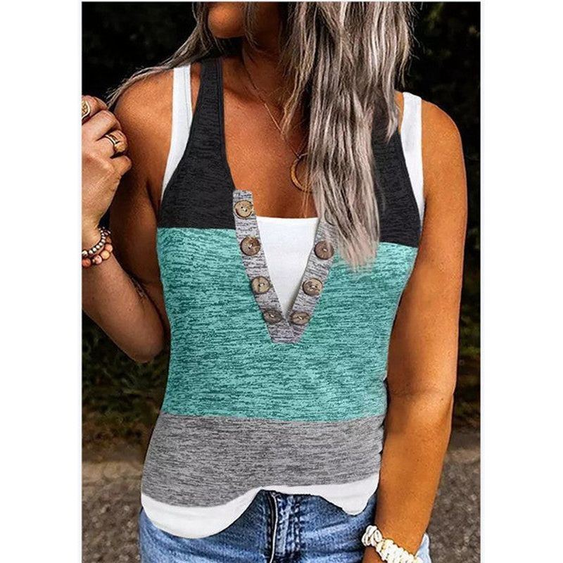 Summer New Contrast Color False Two-piece Suit Women Sleeveless Vest