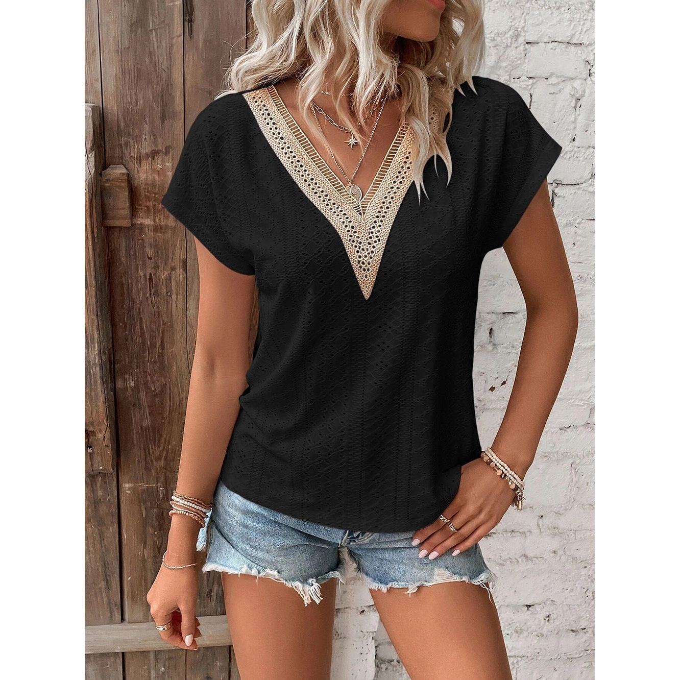 V-neck Lace Patchwork Jacquard T-shirt Loose Ladies