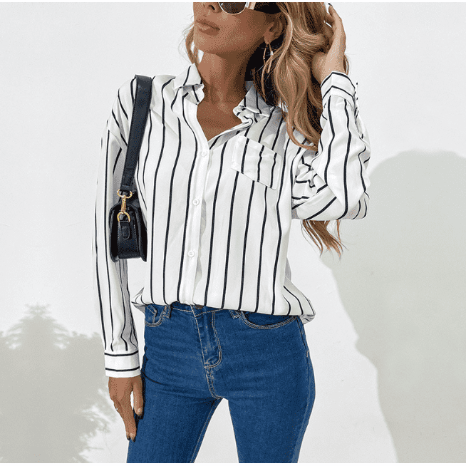 Business Wear Women's Loose Lapels White Striped Shirt - Jointcorp