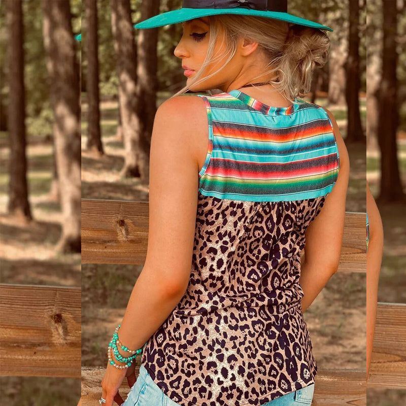 Summer New Leopard Print Color Stripes Top Ladies Loose Splicing Pullover Bottoming Vest - Jointcorp