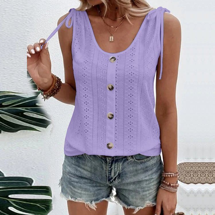 Casual Solid Color U-neck Vest Women Shoulder With Bow Tie Tops Summer T-shirt - Jointcorp