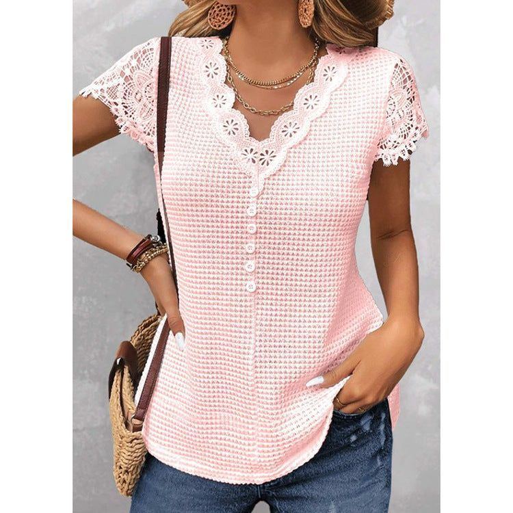 Spring And Summer Solid Color Lace V-neck Short-sleeved T-shirt - Jointcorp