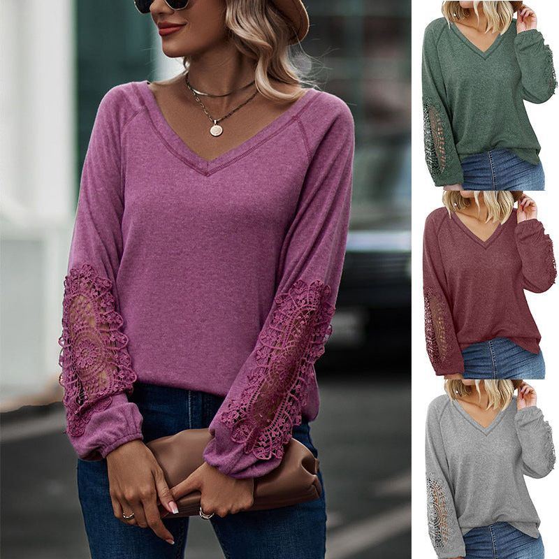Loose Casual V-neck Lace Lace Long-sleeved