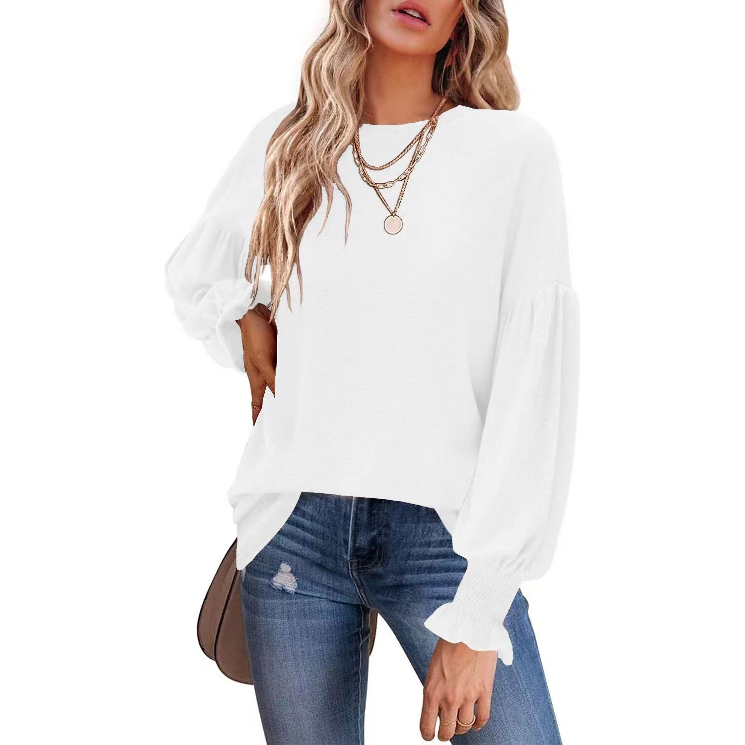 Round Neck, Pleated Lantern Sleeve T-shirt for Women, Long/European-American.