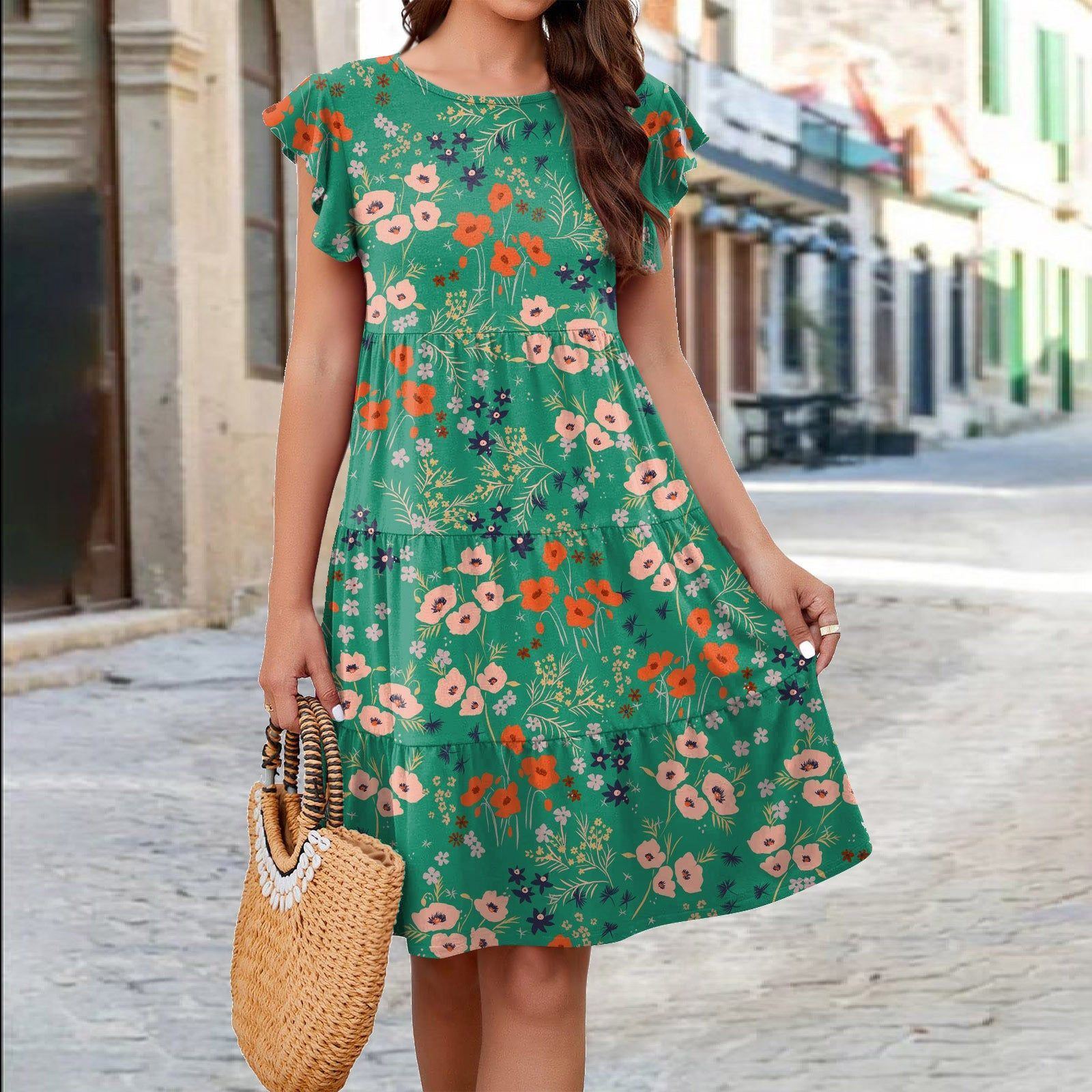 Ruffle Sleeve Dress Summer Loose Flower Print Beach Dresses Sweet Skirt Women - Jointcorp
