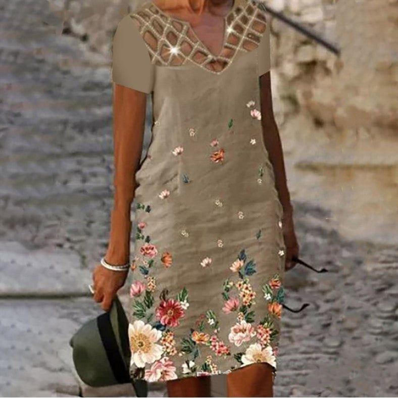 Fashion V-neck Printed Hollow Hot Bead Linen Dress - Jointcorp